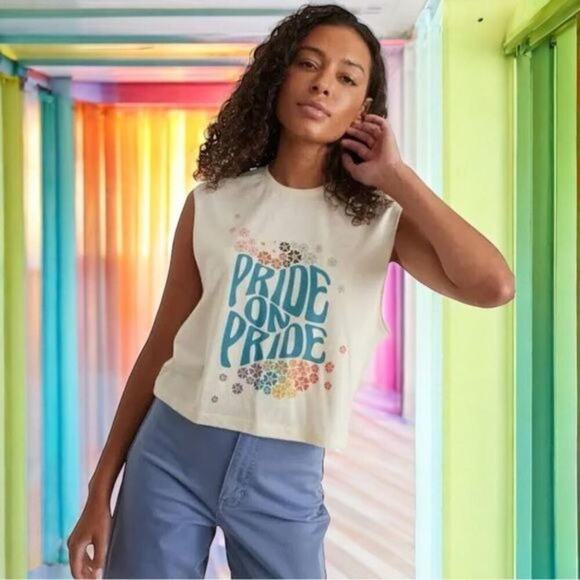 Marine Layer Pride Giving Tank Sleeveless Graphic Print Muscle Tee Cream NWT S - Picture 2 of 7